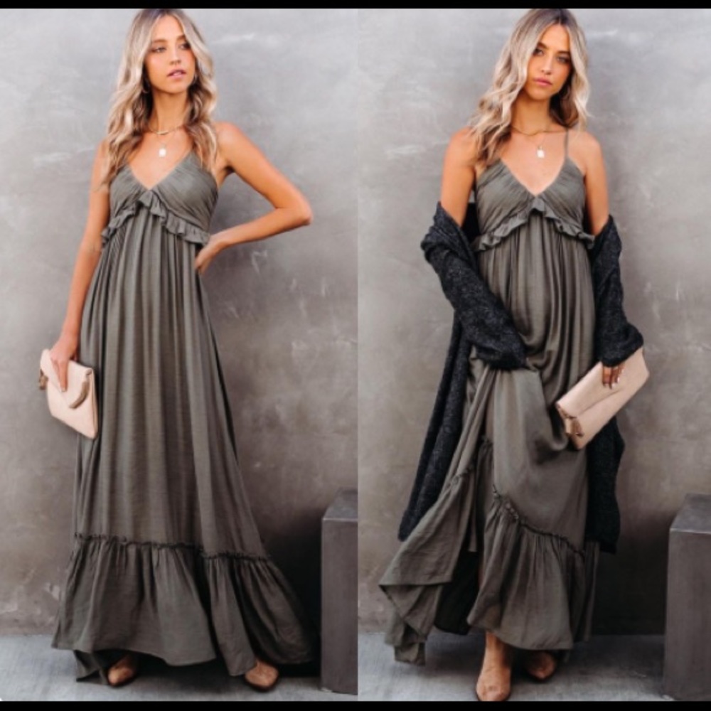 Olive green Smocked ruffle maxi dress